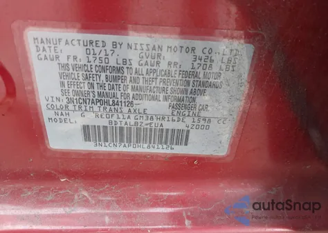 2017 Nissan Versa 1.6 Sv из США, поврежденный, VIN 3N1CN7AP0HL841126